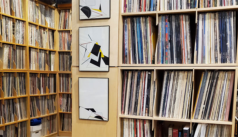 A photo of LP&rsquo;s / vinyl records on shelf at Prex.